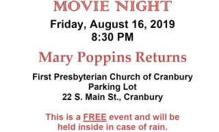 Cranbury Movie night is August 16th 